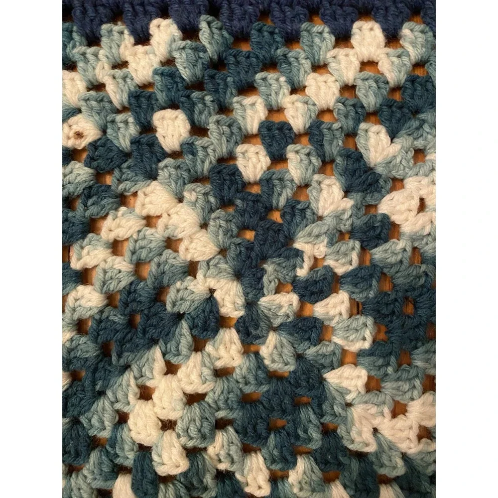 Grannycore Afgan‎ Handmade Granny Square Crochet Blue Throw 3.5 x 6 Cottagecore